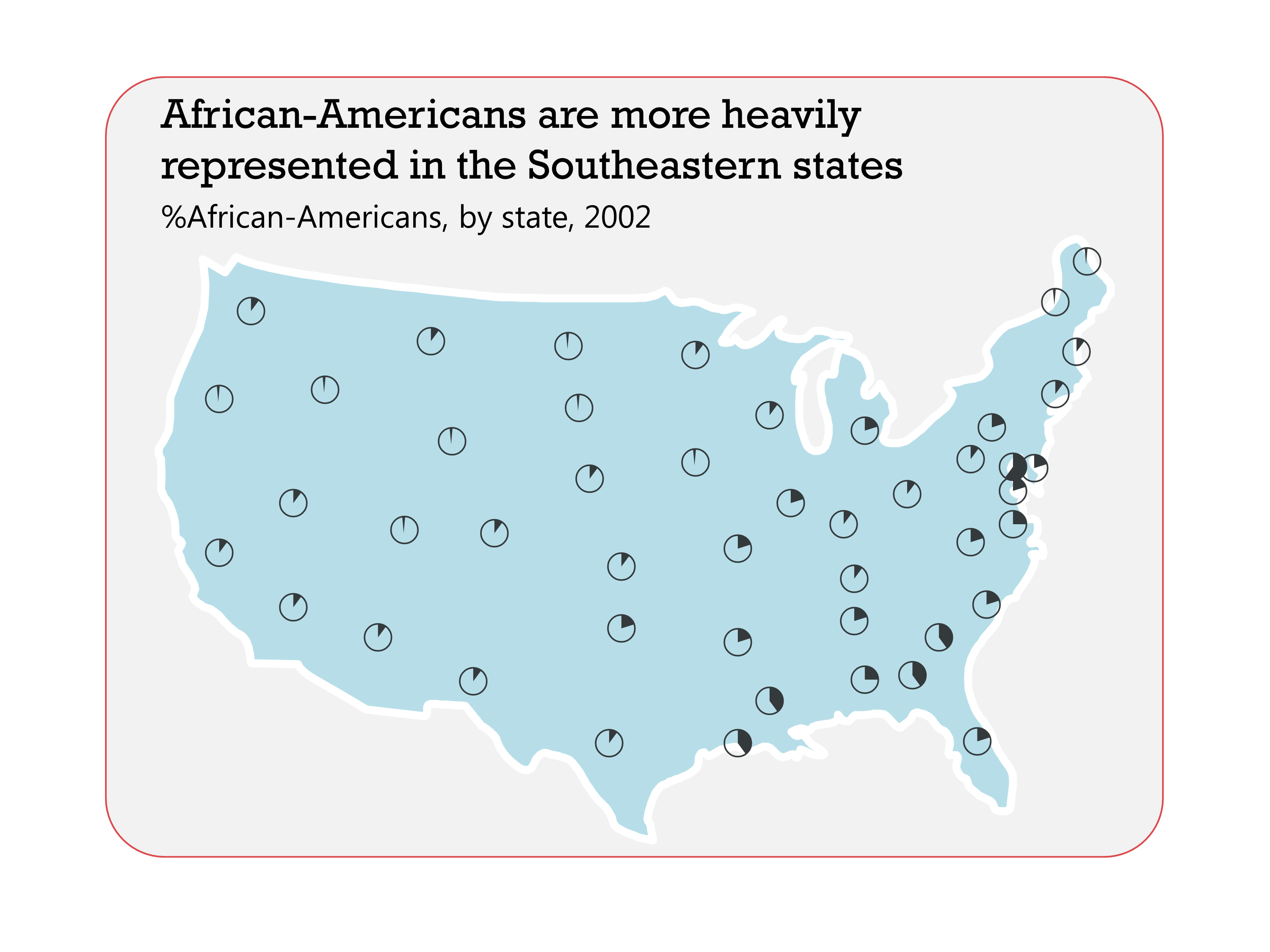 Tiny pie charts showing the percentages of African Americans per state in the US